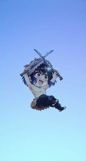 Chibi Inosuke Hashibira from Demon Slayer Leaping with Dual Blades Against a Blue Sky HD phone wallpaper