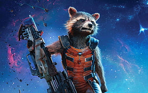 Rocket Raccoon from Guardians of the Galaxy holding a large sci-fi weapon against a vibrant cosmic nebula background HD wallpaper