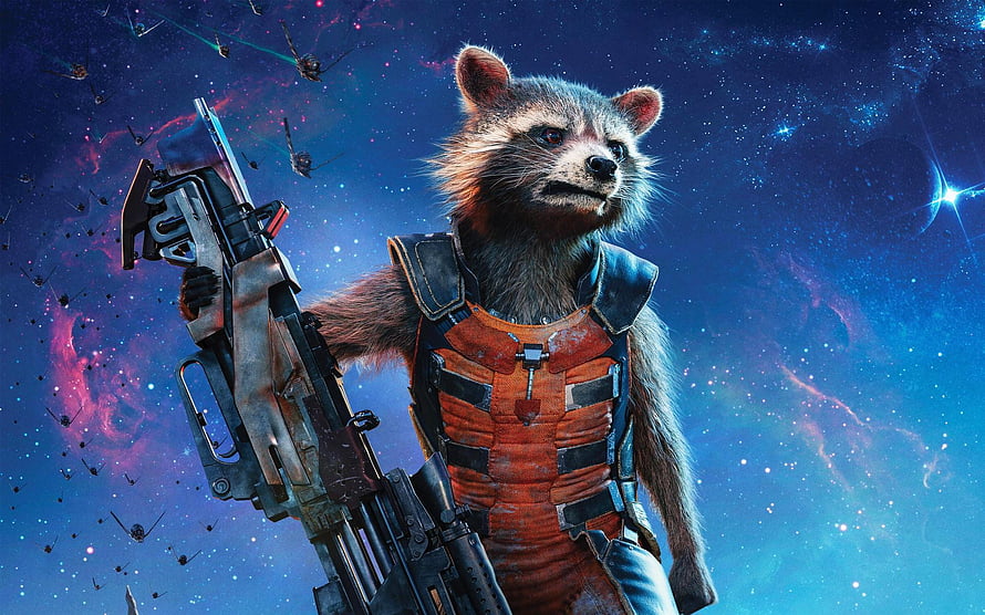 Rocket Raccoon from Guardians of the Galaxy holding a large sci-fi weapon against a vibrant cosmic nebula background HD wallpaper