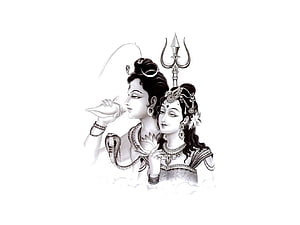 Elegant Black and White Illustration of Shiva and Parvati with Trishul and Conch HD wallpaper