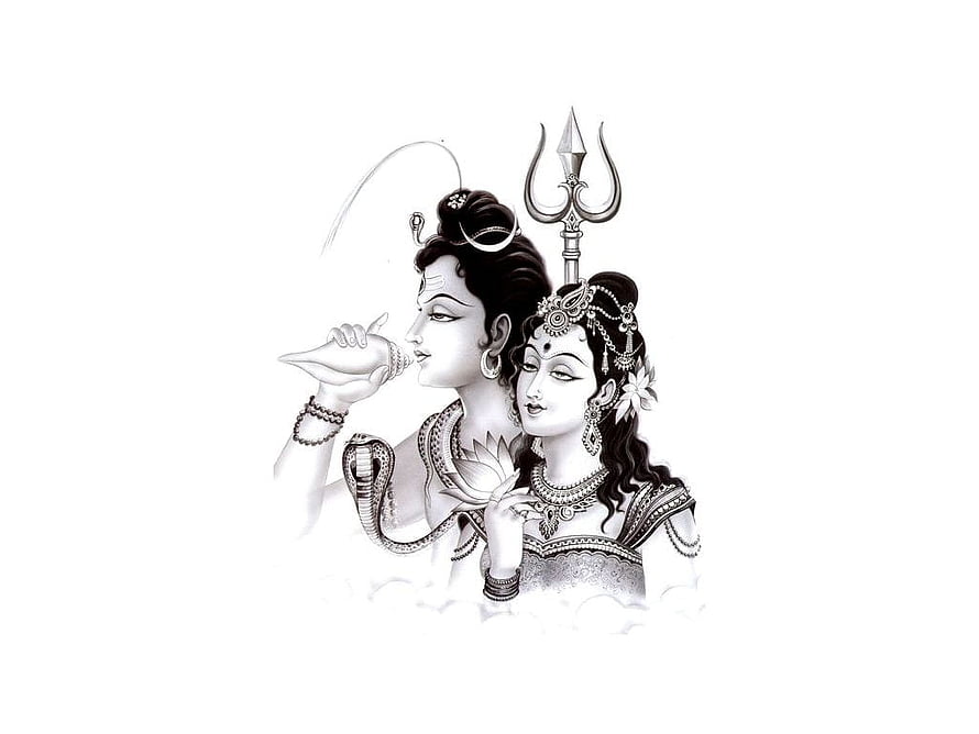Elegant Black and White Illustration of Shiva and Parvati with Trishul and Conch HD wallpaper