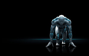 Crouched Humanoid Robot with Glowing Blue Accents on Black Background HD wallpaper