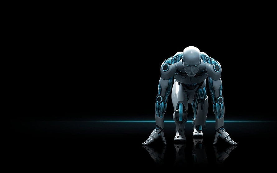 Crouched Humanoid Robot with Glowing Blue Accents on Black Background HD wallpaper