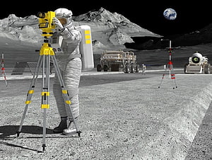 Astronaut Surveyor Operating Total Station on Lunar Base with Rover and Earth in Sky HD wallpaper