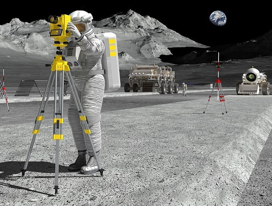 Astronaut Surveyor Operating Total Station on Lunar Base with Rover and Earth in Sky HD wallpaper