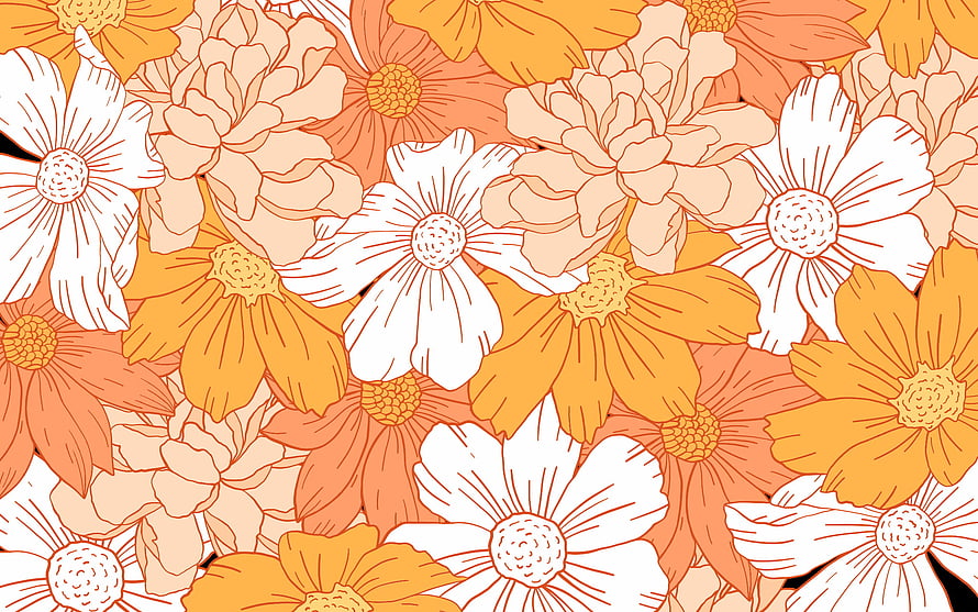 Warm Orange and White Floral Pattern with Daisies and Peonies in Illustration Style HD wallpaper