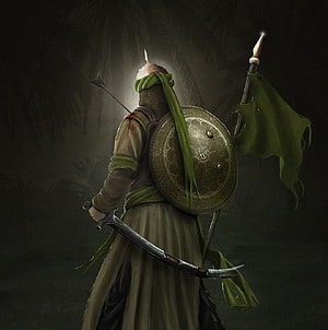 Arabian Warrior Concept Art with Shield, Scimitar, and Green Banner in Dark Fantasy Setting HD phone wallpaper