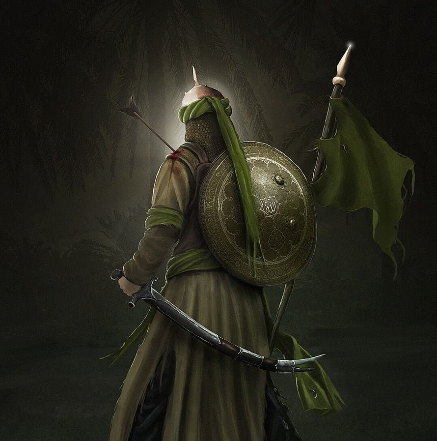 Arabian Warrior Concept Art with Shield, Scimitar, and Green Banner in Dark Fantasy Setting HD phone wallpaper
