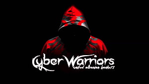 Cyber Warriors Hacker Logo with Red Hooded Figure on Black Background HD wallpaper