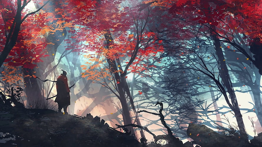 Lone Samurai Standing in Misty Autumn Forest with Vibrant Red Foliage HD wallpaper