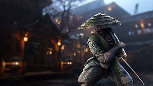 Ninja Warrior in Traditional Conical Hat Holding Katana in Dimly Lit Japanese Village HD wallpaper