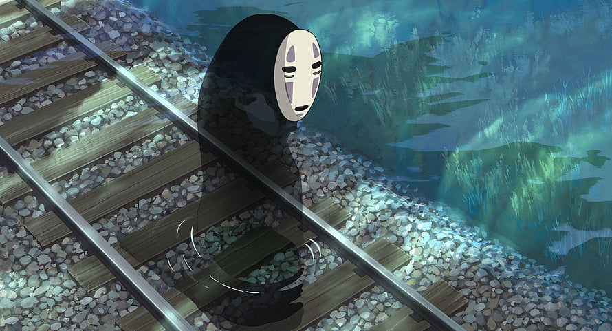 No-Face from Spirited Away Standing on Railway Tracks in a Misty Forest HD wallpaper