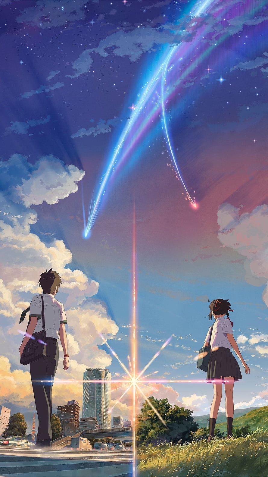 Your Name Anime Illustration of Two Students Watching a Split Sky with a Comet and Starburst HD phone wallpaper