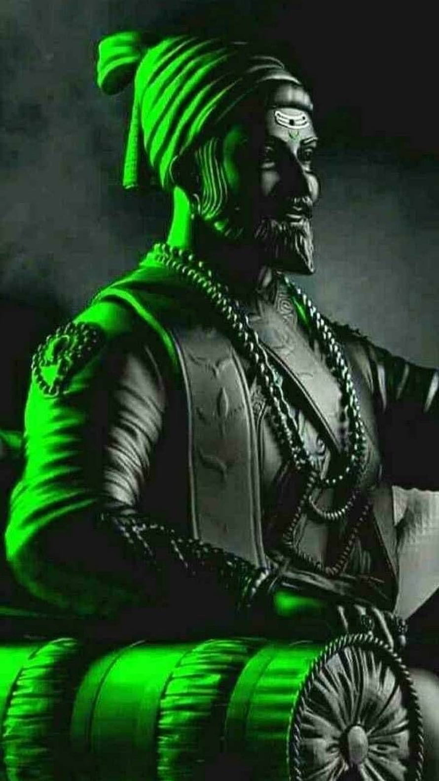 Chhatrapati Shivaji Maharaj Digital Portrait with Green Lighting and Traditional Attire HD phone wallpaper