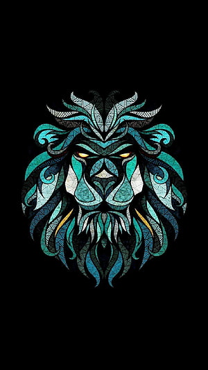 Intricate Geometric Lion Head Artwork in Teal and Black with Ornamental Patterns HD phone wallpaper