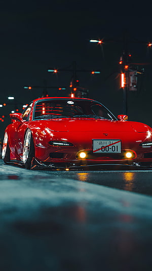 Red Mazda RX-7 Stance Car Parked on Wet City Street at Night HD phone wallpaper