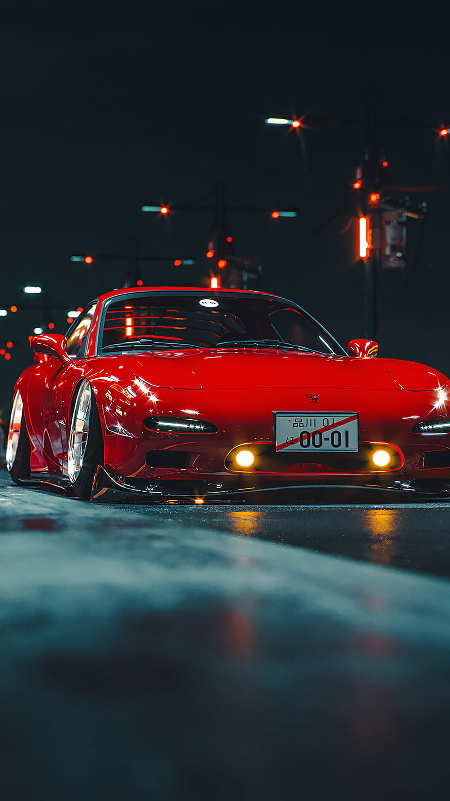Red Mazda RX-7 Stance Car Parked on Wet City Street at Night HD phone wallpaper