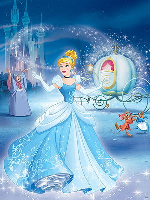 Cinderella in Blue Ballgown with Fairy Godmother and Pumpkin Carriage at Night HD phone wallpaper