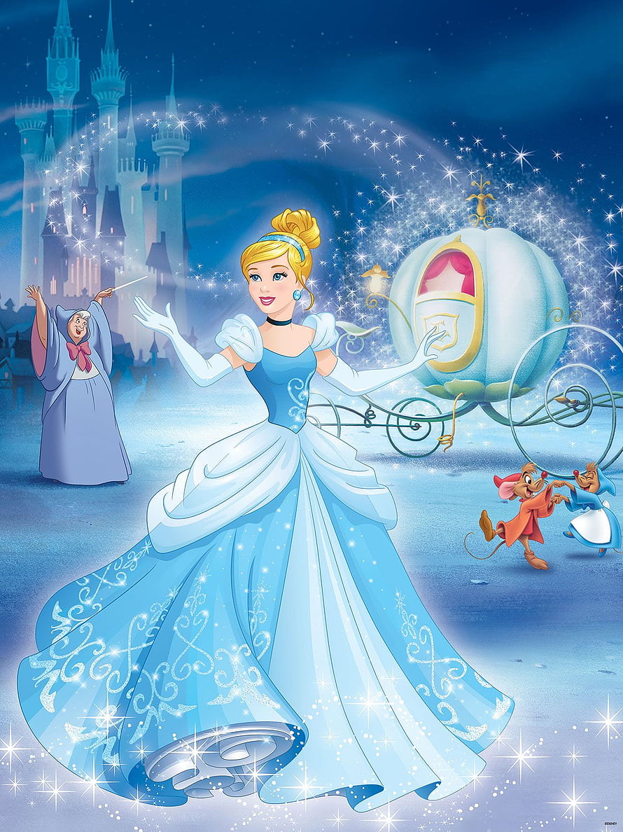 Cinderella in Blue Ballgown with Fairy Godmother and Pumpkin Carriage at Night HD phone wallpaper