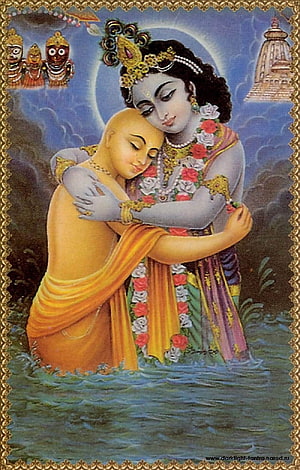 Chaitanya Mahaprabhu and Radha in a Tender Embrace Amidst Water and Celestial Figures HD phone wallpaper