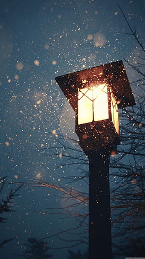 Glowing Street Lamp in Falling Snow Against a Deep Blue Winter Sky HD phone wallpaper