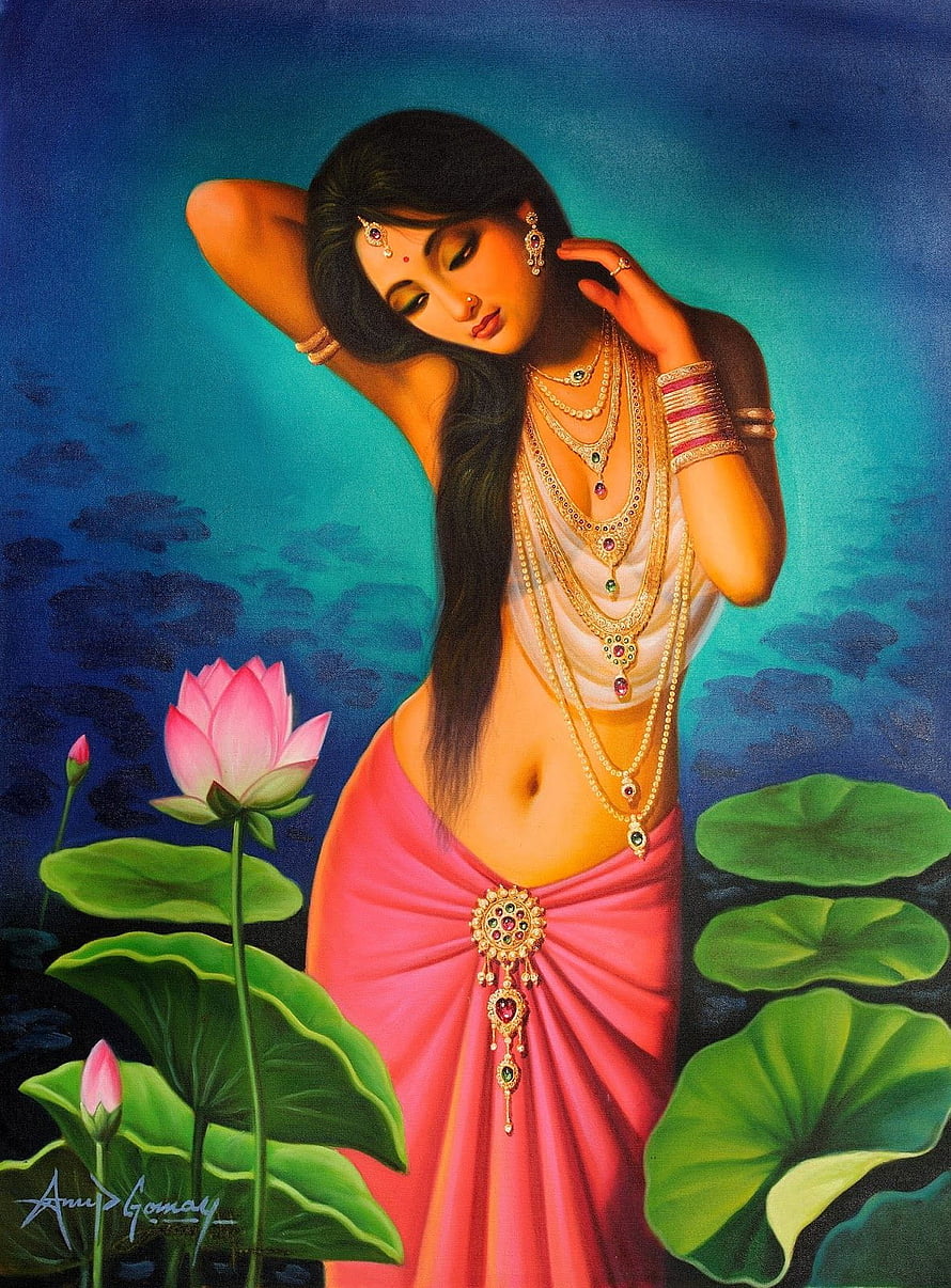 Elegant Indian Woman in Pink Saree with Lotus Flowers and Traditional Jewelry, 50 Most Beautiful Indian Women Paintings of All Times, indian women oil painting HD phone wallpaper