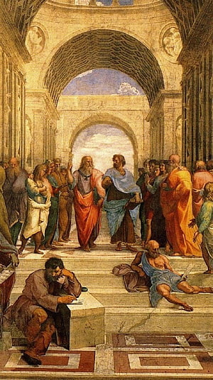 Raphael's The School of Athens fresco featuring Plato and Aristotle in classical architecture HD phone wallpaper