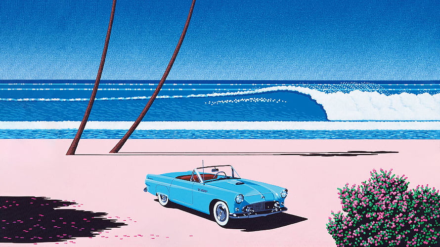 Hiroshi Nagai Retro Beach Scene with Classic Blue Convertible and Ocean Waves HD wallpaper
