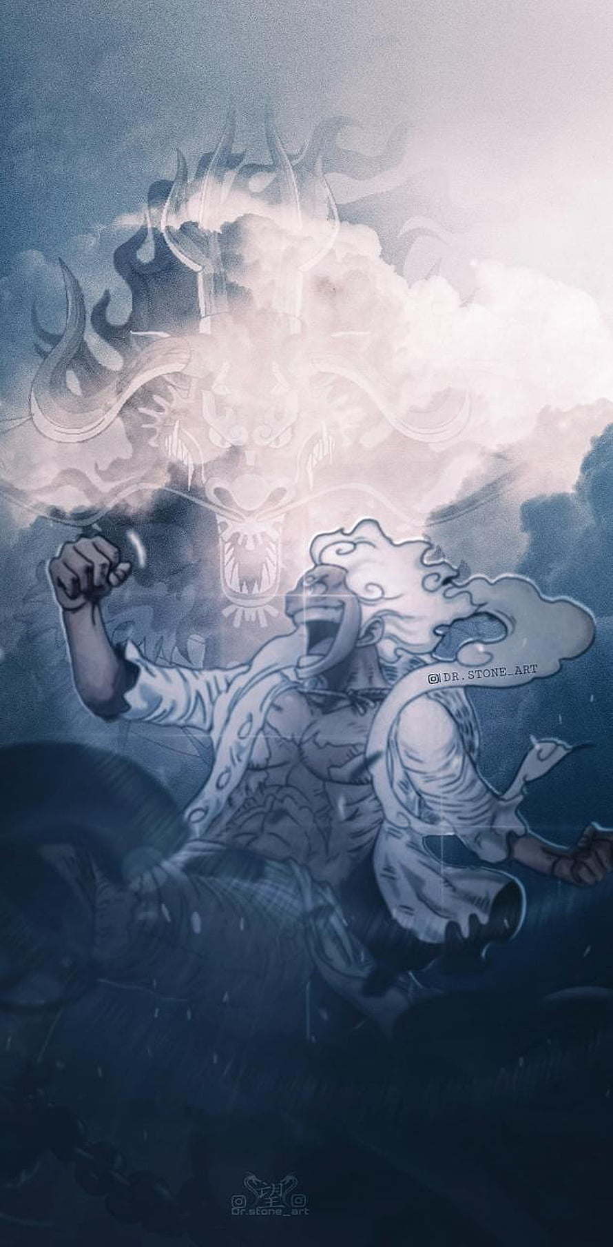 Luffy Gear 5 Nika Form with Sun God Nika Spirit in Dramatic Blue Tones HD phone wallpaper
