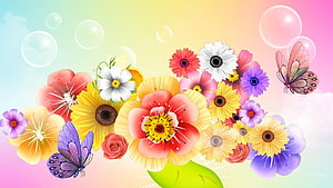 Vibrant Digital Flower Bouquet with Butterflies and Bubbles on Pastel Gradient Background HD wallpaper
