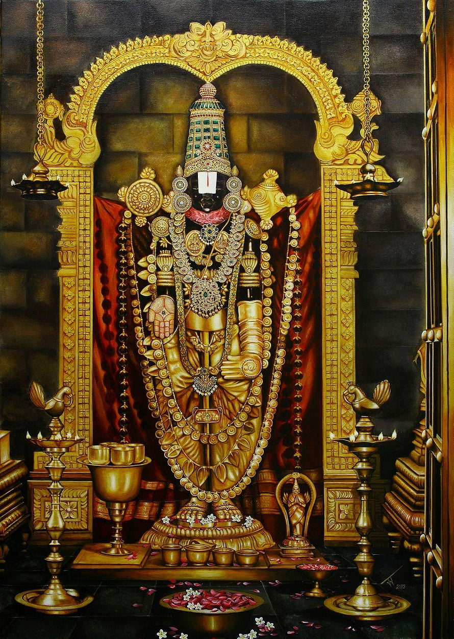 Lord Venkateswara Temple Deity Painting with Gold Ornaments and Brass Lamps HD phone wallpaper