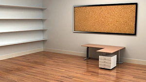 Minimalist Office Interior With Cork Board, Corner Desk, and Floating Shelves HD wallpaper
