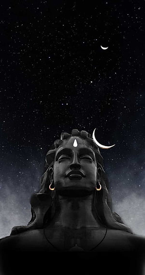 Mahadev Shiva Statue Under Starry Night Sky With Crescent Moon HD phone wallpaper