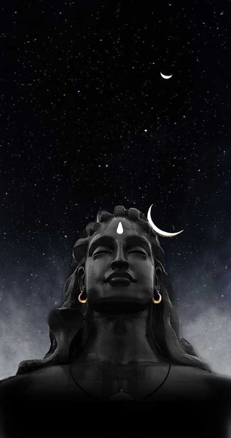 Mahadev Shiva Statue Under Starry Night Sky With Crescent Moon HD phone wallpaper