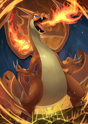 Mega Charizard X Breathing Fire in Dramatic Anime Style HD phone wallpaper