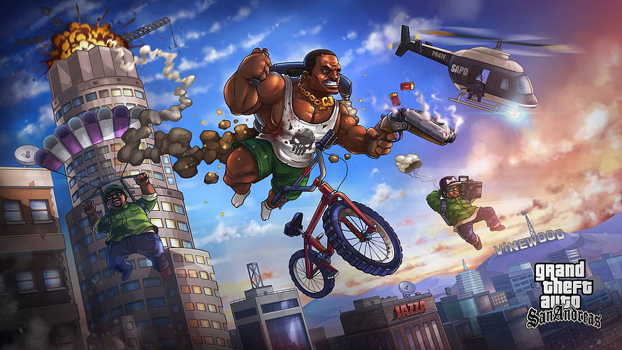 Grand Theft Auto San Andreas CJ BMX Jump Artwork with Parachute and Helicopter HD wallpaper