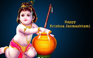 Baby Krishna Stealing Butter from Pot for Janmashtami Celebration HD wallpaper