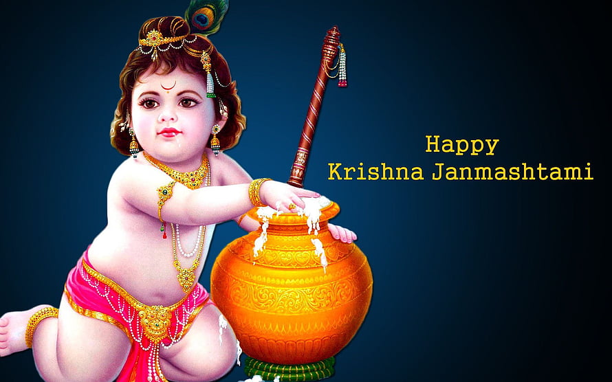 Baby Krishna Stealing Butter from Pot for Janmashtami Celebration HD wallpaper