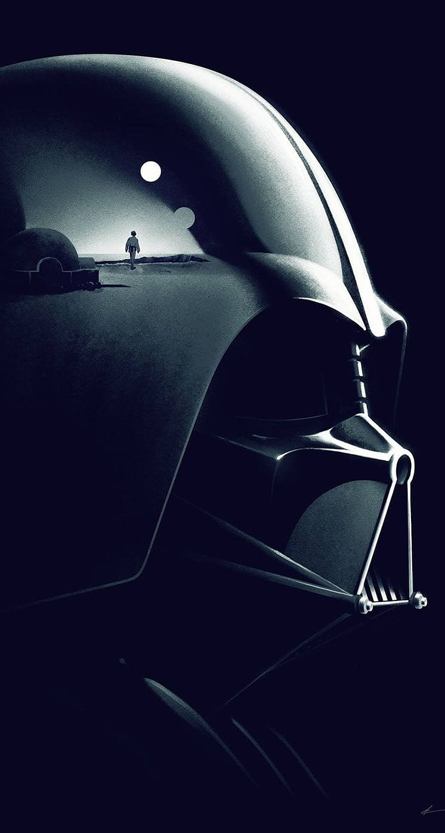 Darth Vader Helmet Silhouette with Distant Figure Walking on Alien Landscape HD phone wallpaper