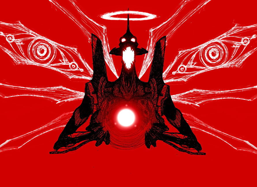 Neon Genesis Evangelion Angel Entity with Halo and Glowing Core on Red Background HD wallpaper