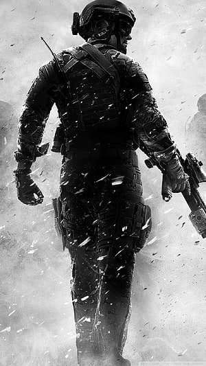 Call of Duty Modern Warfare 3 Soldier in Tactical Gear with Rifle in Monochrome Combat Scene HD phone wallpaper