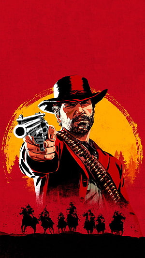 Red Dead Redemption cowboy pointing revolver with bandolier and riders silhouetted against red sky HD phone wallpaper