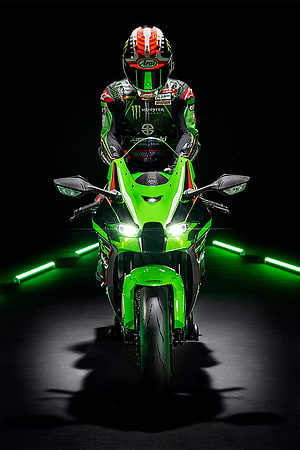 Kawasaki Ninja ZX-10R Superbike with Rider in Green Racing Suit and Arai Helmet HD phone wallpaper