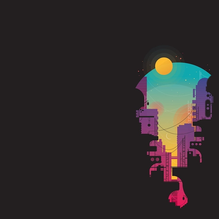 Abstract Minimalist Illustration of a Human Head Silhouette Filled with a Vibrant Cityscape and Sunset Sky HD phone wallpaper