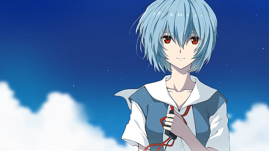 Ayanami Rei anime character with blue hair and red eyes against a starry sky HD wallpaper