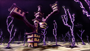 Minecraft End City Concept Art with Purple Crystal Trees and Floating Structures HD wallpaper