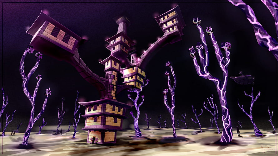 Minecraft End City Concept Art with Purple Crystal Trees and Floating Structures HD wallpaper