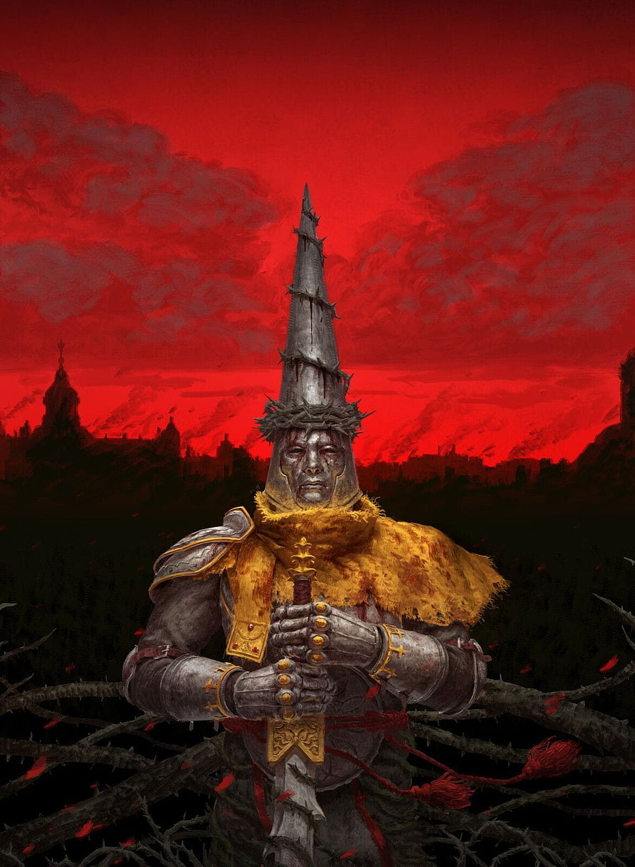 Blasphemous Knight in Spiked Armor Against a Crimson Sky HD phone wallpaper