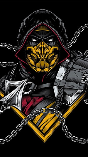Scorpion from Mortal Kombat in a black hood with a golden mask, chains, and a katar blade on a dark background HD phone wallpaper