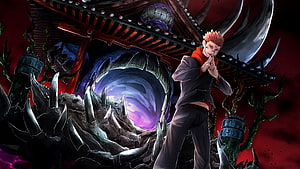 Sukuna from Jujutsu Kaisen Standing Before a Dark Portal in a Spiked Shrine HD wallpaper